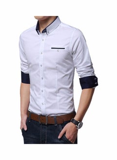 Generic Fashion Men Solid Colour Long Sleeve Turn Down Collar Shirt Slim Fit Blouse Top White 