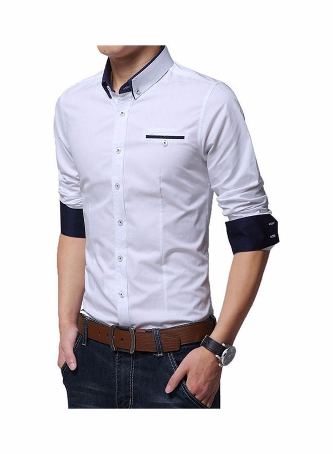 Fashion Men Solid Colour Long Sleeve Turn Down Collar Shirt Slim Fit Blouse Top White 