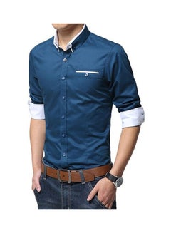 Generic Fashion Men Solid Colour Long Sleeve Turn Down Collar Shirt Slim Fit Blouse Top Navy Blue 