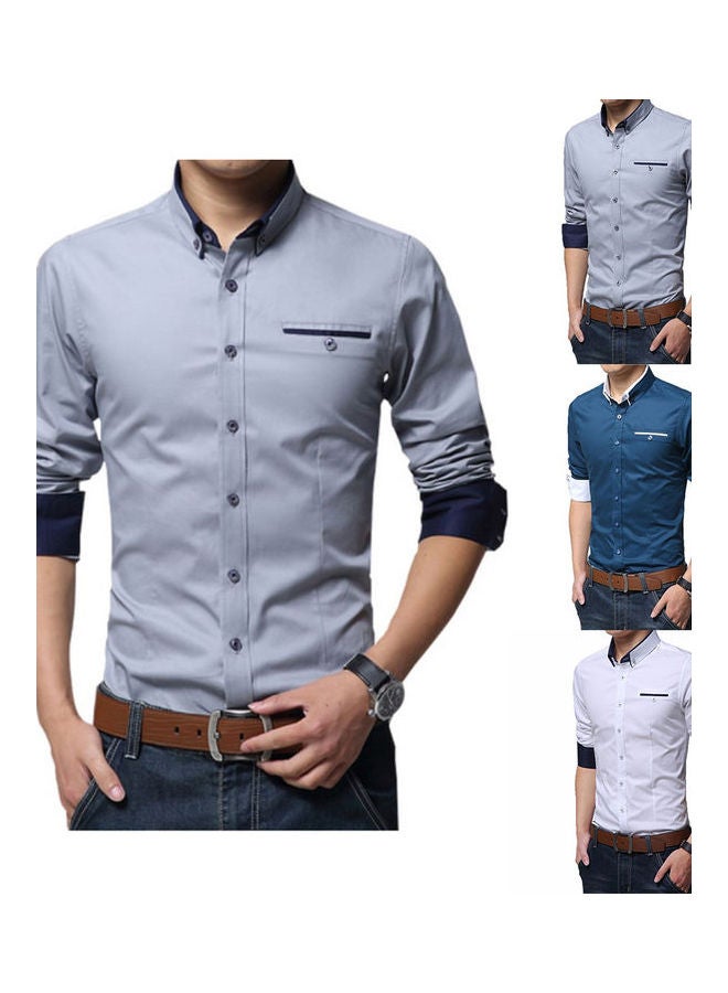Fashion Men Solid Colour Long Sleeve Turn Down Collar Shirt Slim Fit Blouse Top Gray  - Image 2