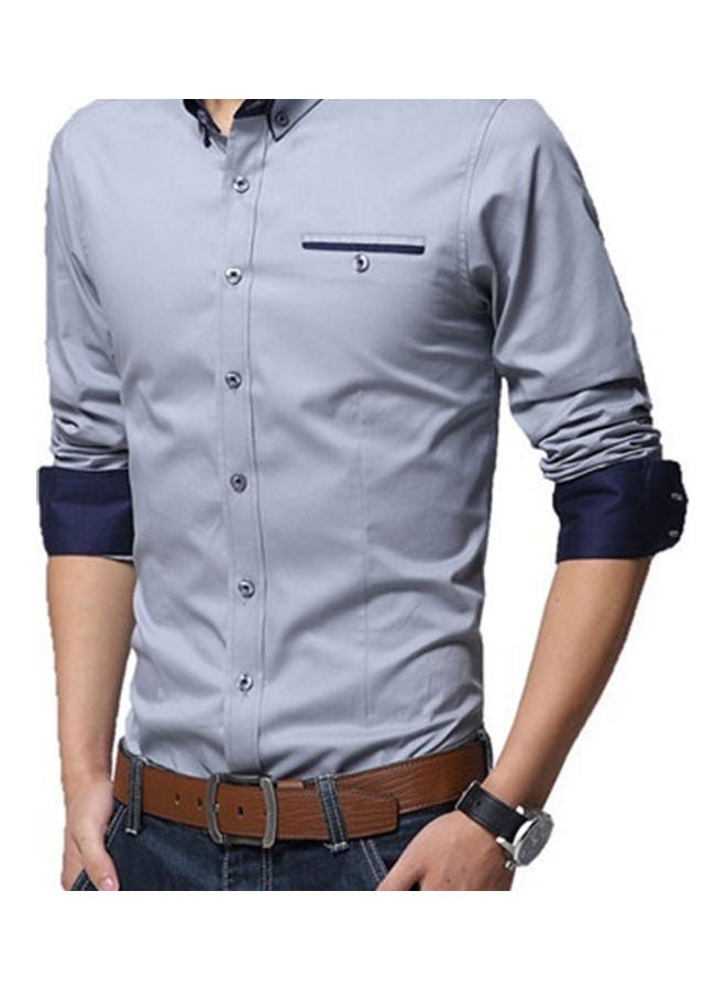 Fashion Men Solid Colour Long Sleeve Turn Down Collar Shirt Slim Fit Blouse Top Gray  - Image 3