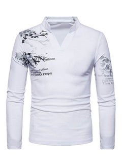 Generic Men Flower English Letter Print T-Shirt Stand Collar Long Sleeve Tee Top White  - Image 1