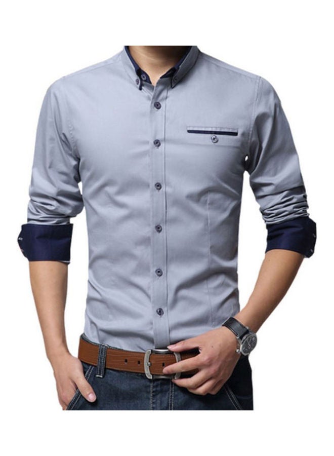 Fashion Men Solid Colour Long Sleeve Turn Down Collar Shirt Slim Fit Blouse Top Gray  - Image 1