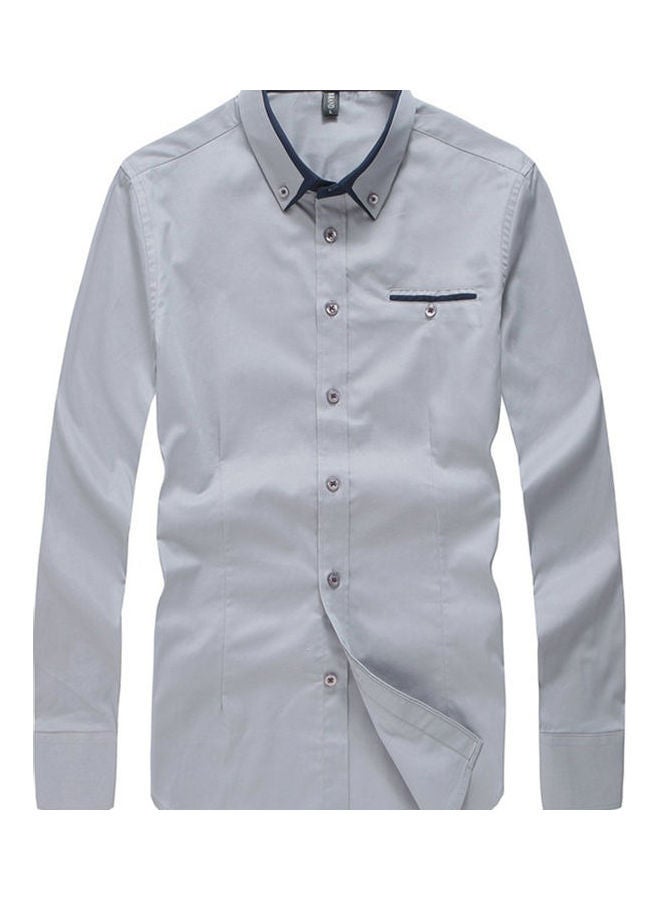 Fashion Men Solid Colour Long Sleeve Turn Down Collar Shirt Slim Fit Blouse Top Gray  - Image 4