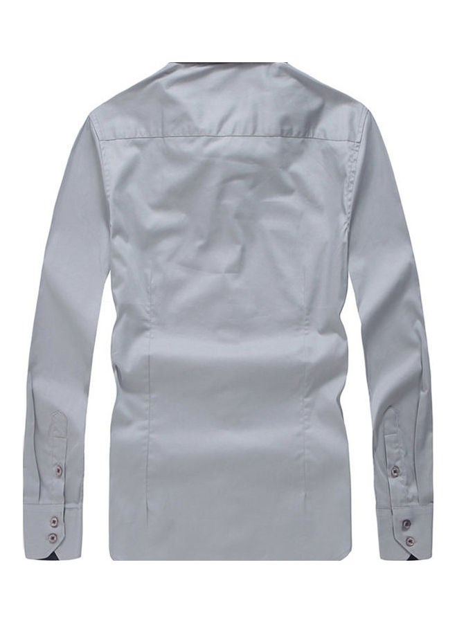Fashion Men Solid Colour Long Sleeve Turn Down Collar Shirt Slim Fit Blouse Top Gray  - Image 5