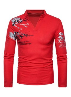 Generic Men Flower English Letter Print T-Shirt Stand Collar Long Sleeve Tee Top Red  - Image 1