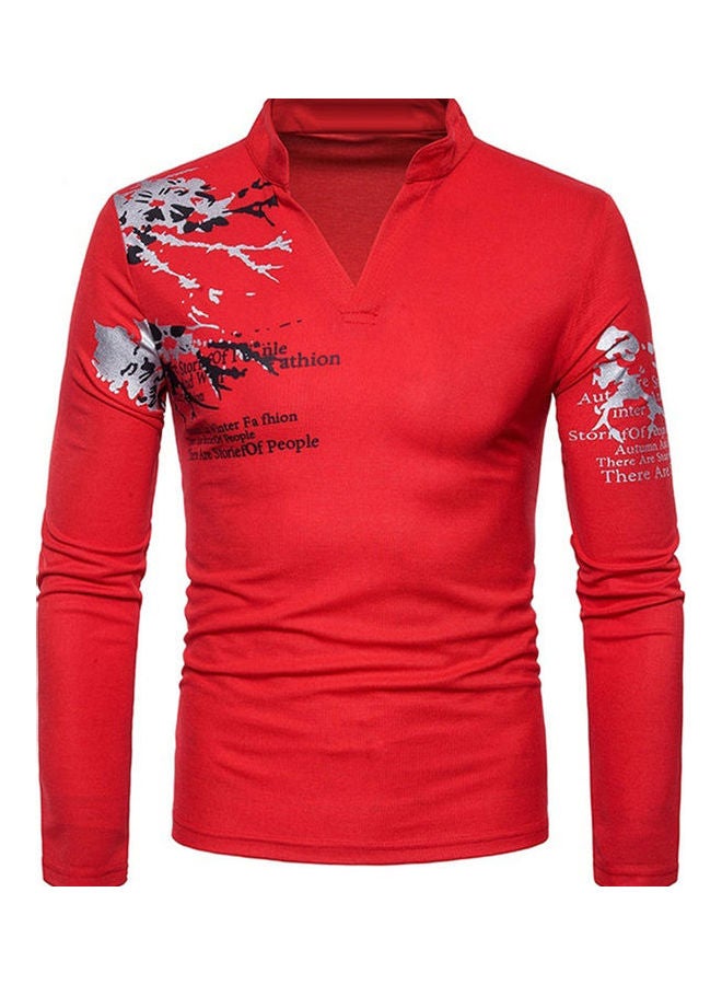 Men Flower English Letter Print T-Shirt Stand Collar Long Sleeve Tee Top Red  - Image 1