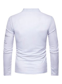 Generic Men Flower English Letter Print T-Shirt Stand Collar Long Sleeve Tee Top White  - Image 3