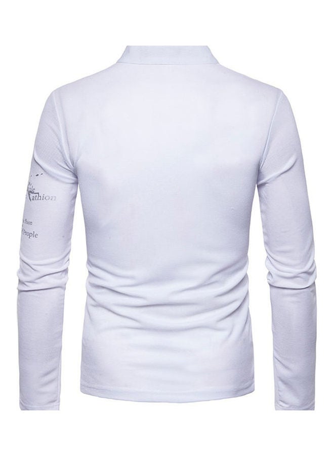Men Flower English Letter Print T-Shirt Stand Collar Long Sleeve Tee Top White  - Image 3
