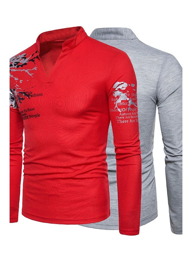 Men Flower English Letter Print V-Neck Stand Collar Long Sleeve Tee Top Light Gray  - Image 2