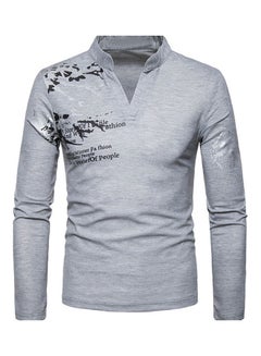 Generic Men Flower English Letter Print V-Neck Stand Collar Long Sleeve Tee Top Light Gray  - Image 1
