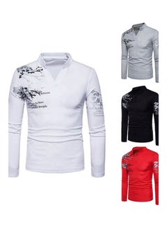 Generic Men Flower English Letter Print V-Neck T-Shirt Stand Collar Long Sleeve Tee Top Black  - Image 2