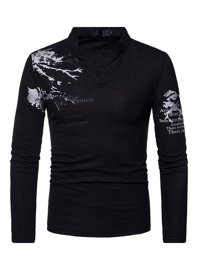 Men Flower English Letter Print V-Neck T-Shirt Stand Collar Long Sleeve Tee Top Black - v1607491990/N42820446V_2