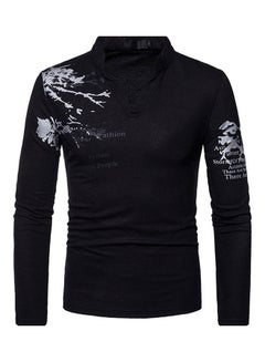 Generic Men Flower English Letter Print V-Neck T-Shirt Stand Collar Long Sleeve Tee Top Black  - Image 1