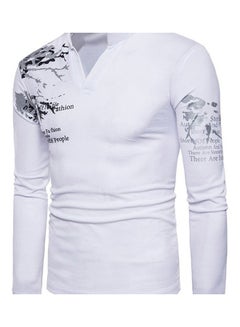 Generic Men Flower English Letter Print V-Neck T-Shirt Stand Collar Long Sleeve Tee Top Black  - Image 5