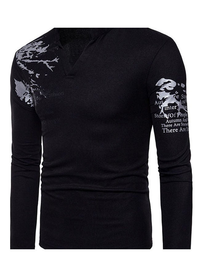 Men Flower English Letter Print V-Neck T-Shirt Stand Collar Long Sleeve Tee Top Black - v1607491990/N42820446V_7