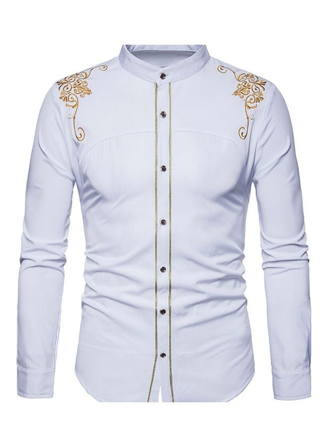 Men Fashion Embroidery Flower Button Stand Collar Long Sleeve Shirt Blouse Top White - Image 1