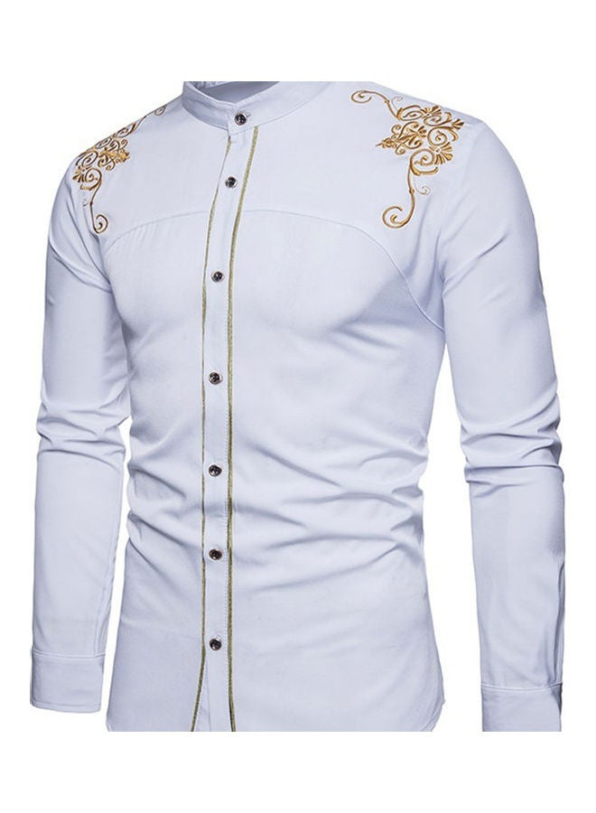 Men Fashion Embroidery Flower Button Stand Collar Long Sleeve Shirt Blouse Top White - Image 3