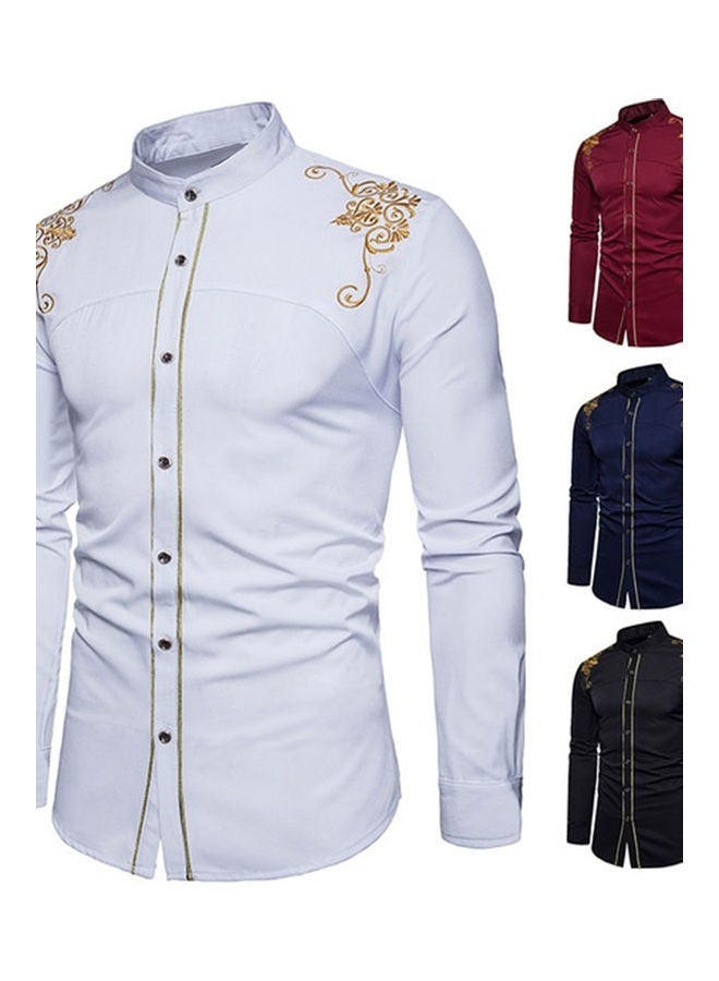 Men Fashion Embroidery Flower Button Stand Collar Long Sleeve Shirt Blouse Top White - Image 2