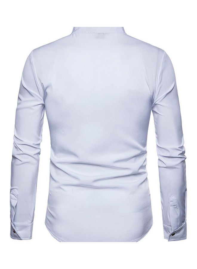Men Fashion Embroidery Flower Button Stand Collar Long Sleeve Shirt Blouse Top White - Image 4