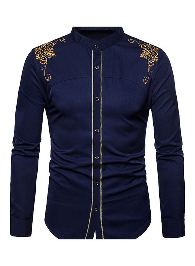 Men Fashion Embroidery Flower Button Stand Collar Long Sleeve Shirt Blouse Top Navy Blue