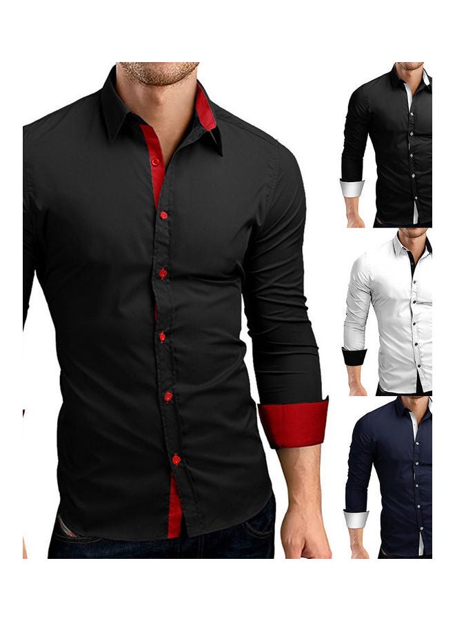 Business Men Colour Block Buttons Turn Down Collar Long Sleeve Shirt Slim Fit Top White - Image 2