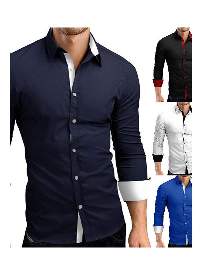 Business Men Colour Block Buttons Turn Down Collar Long Sleeve Shirt Slim Fit Top White - Image 1