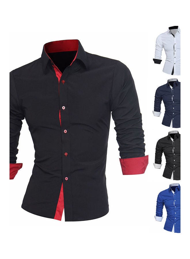 Business Men Colour Block Buttons Turn Down Collar Long Sleeve Shirt Slim Fit Top White - Image 3