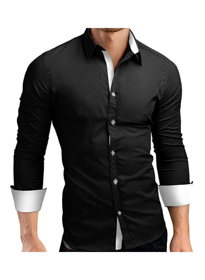 Business Men Colour Block Buttons Turn Down Collar Long Sleeve Shirt Slim Fit Top White - Image 5
