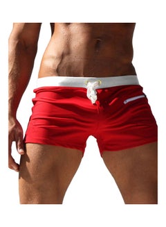 Men Solid Colour Swimming Trunks Drawstring Pocket Slim Fit Beach Shorts Swimwear Red