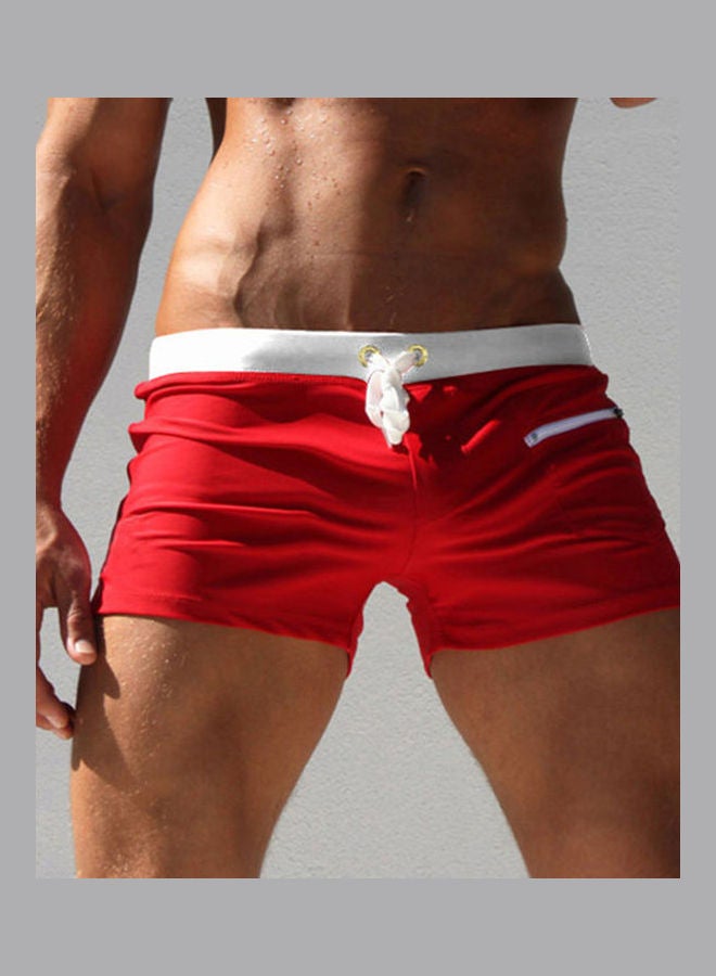 Generic - Men Solid Colour Swimming Trunks Drawstring Pocket Slim Fit Beach Shorts Swimwear Red - Image 1