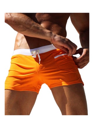 Men Solid Colour Swimming Trunks Drawstring Pocket Slim Fit Beach Shorts Swimwear Orange - v1607492010/N42820317V_2