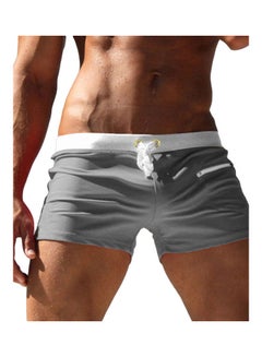 Men Solid Colour Swimming Trunks Drawstring Pocket Slim Fit Beach Shorts Swimwear Light Gray