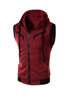 Men Solid Colour Hooded Gilet Vest Zip Pocket Sleeveless Slim Waistcoat Jacket Wine Red