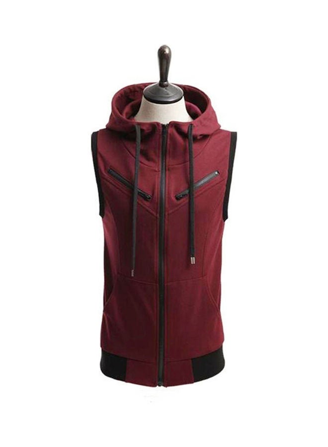 Generic - Men Solid Colour Hooded Gilet Vest Zip Pocket Sleeveless Slim Waistcoat Jacket Wine Red - Image 1