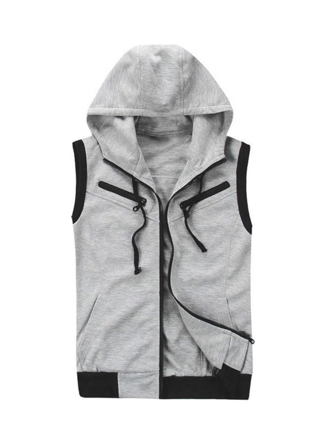 Men Solid Colour Hooded Gilet Vest Zip Pocket Sleeveless Slim Waistcoat Jacket Light Gray - Image 2