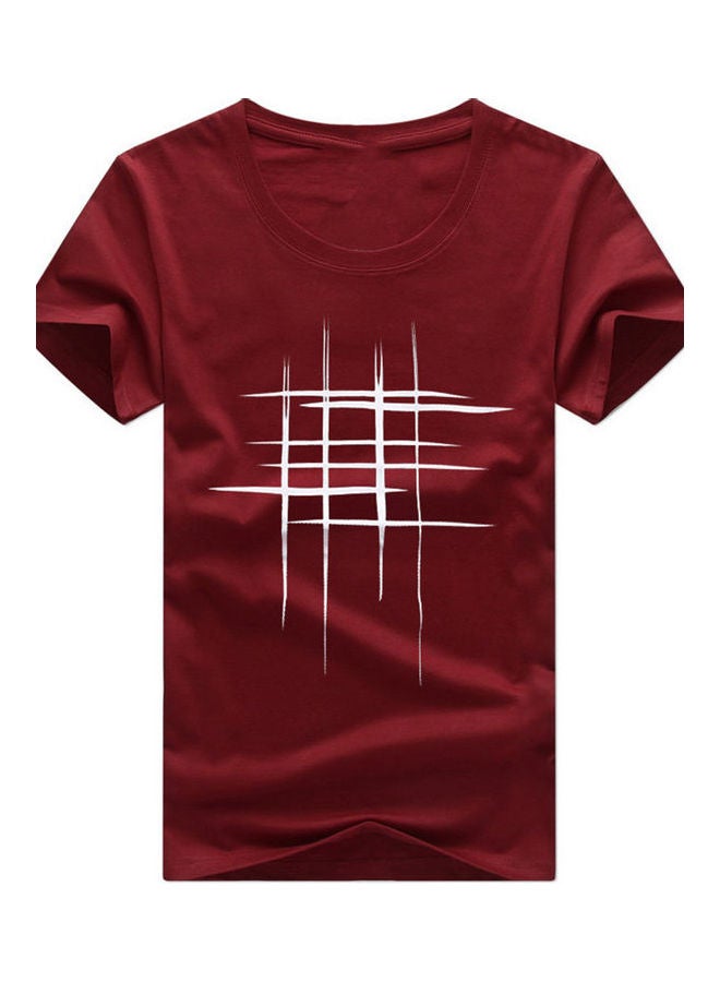 Creative Line Cross Printed Tee Top Women Summer Short Sleeve O Neck T-Shirt Wine Red 