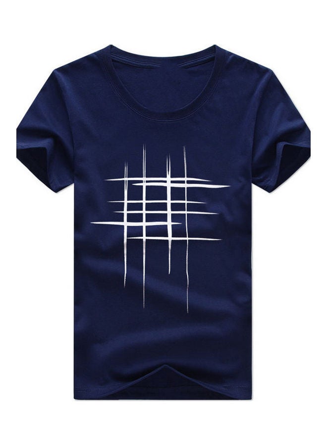 Creative Line Cross Printed Tee Top Women Summer Short Sleeve O Neck T-Shirt Navy Blue  - Image 1