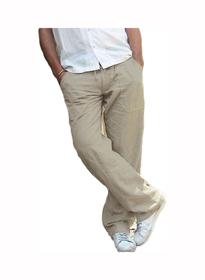 Men Solid Colour Multi-Pocket Loose Elastic Drawstring Straight Trousers Jog Pants Light Gray  - Image 1