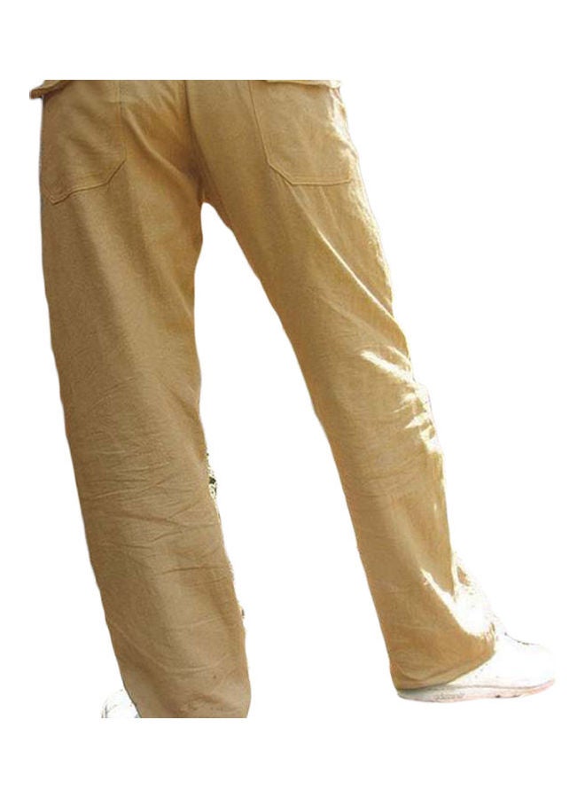 Men Solid Colour Multi-Pocket Loose Elastic Drawstring Straight Trousers Jog Pants Khaki  - Image 1