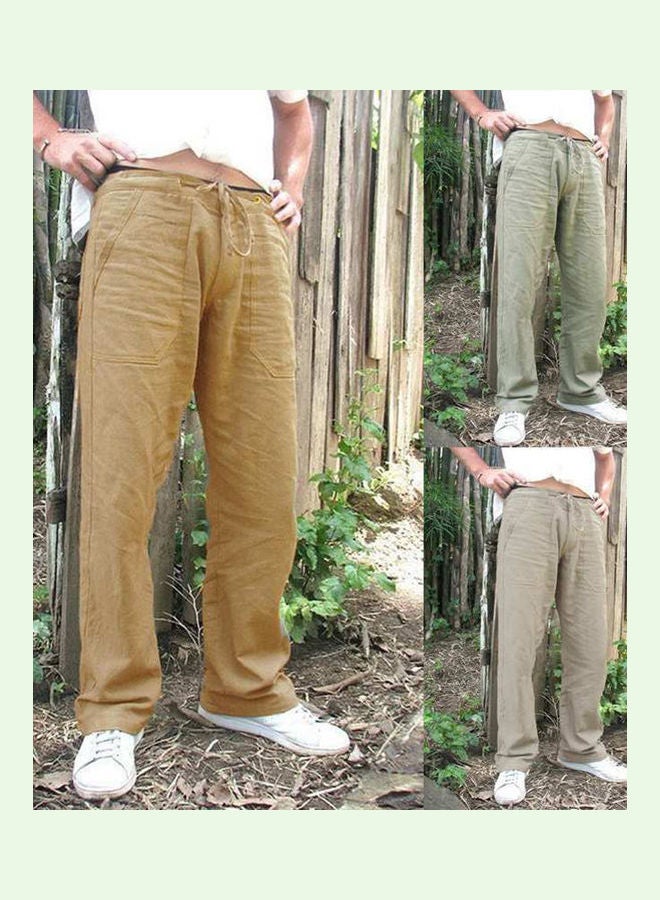 Men Solid Colour Multi-Pocket Loose Elastic Drawstring Straight Trousers Jog Pants Khaki  - Image 2