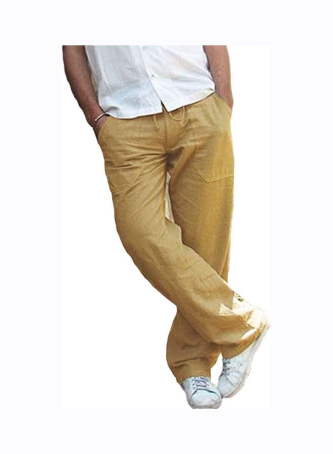 Men Solid Colour Multi-Pocket Loose Elastic Drawstring Straight Trousers Jog Pants Khaki  - Image 3