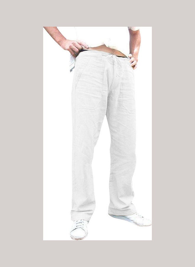 Men Solid Colour Multi-Pocket Loose Elastic Drawstring Straight Trousers Jog Pants Light Gray  - Image 2