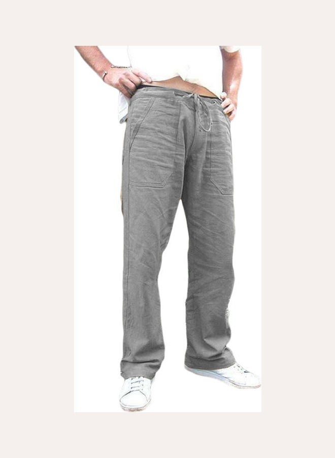 Men Solid Colour Multi-Pocket Loose Elastic Drawstring Straight Trousers Jog Pants Dark Gray  - Image 1