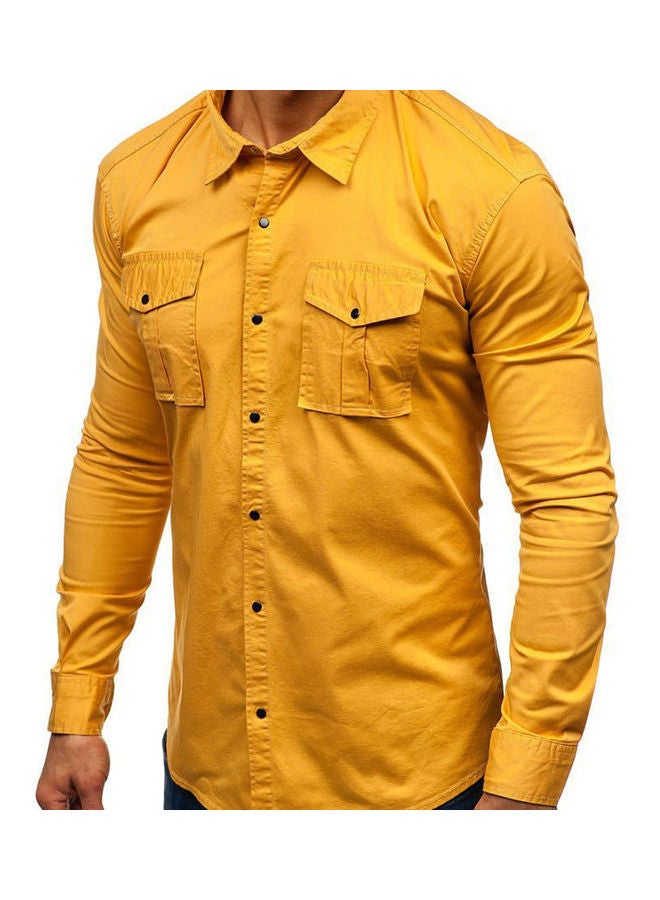 Men Solid Colour?Multi-Pockets Slim Fit Long Sleeve Turn Down Collar Shirt Top Yellow  - Image 2