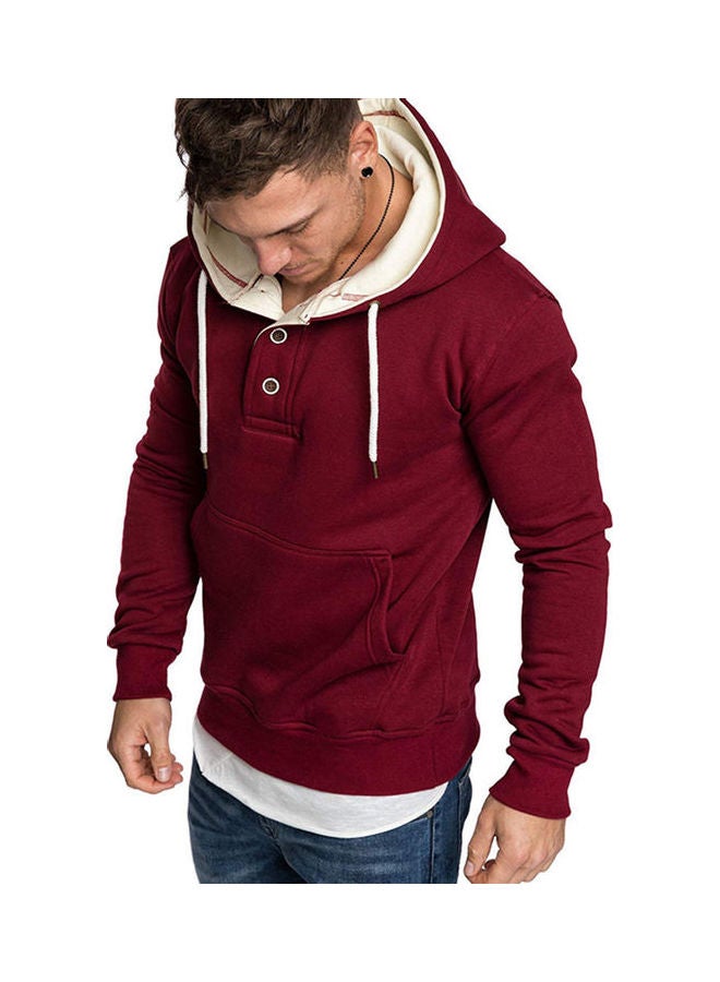 Fashion Men Loose Long Sleeve Pocket Button Sport Drawstring Hooded Sweatshirt Red  - Image 1