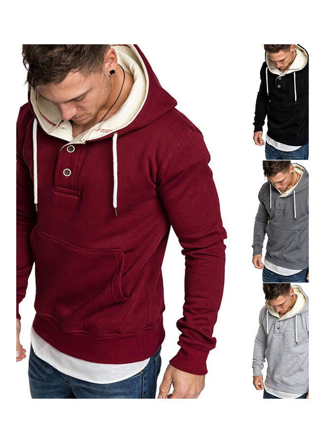 Fashion Men Loose Long Sleeve Pocket Button Sport Drawstring Hooded Sweatshirt Red  - Image 2
