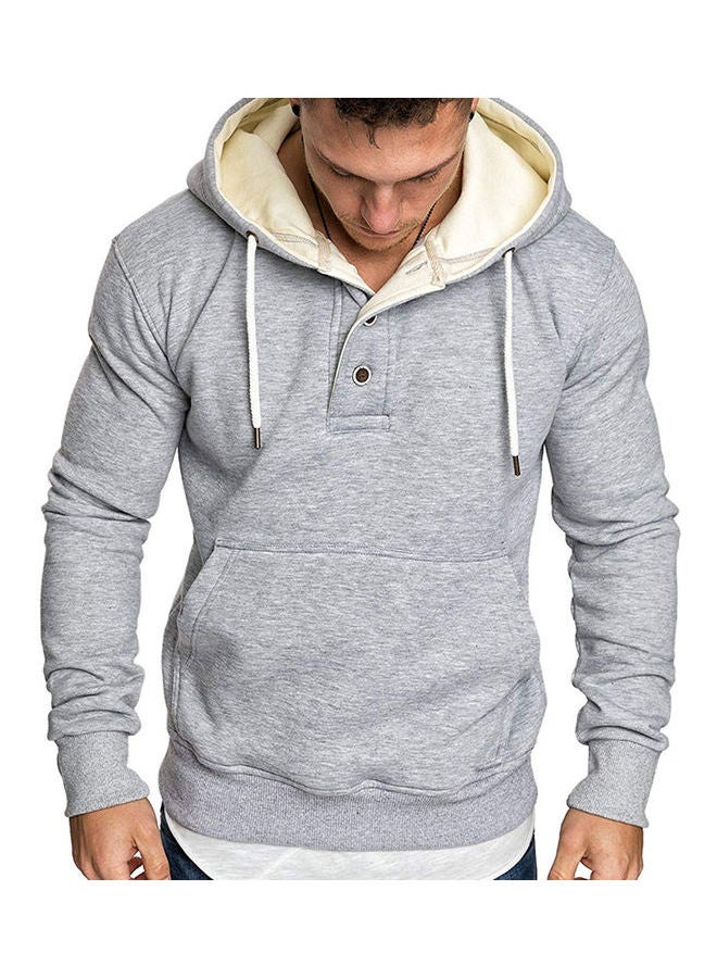 Fashion Men Loose Long Sleeve Pocket Button Sport Drawstring Hooded Sweatshirt Dark Gray - Image 2