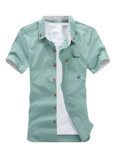 Generic Men Solid Colour Turndown Collar Short Sleeve Button Embroidered Slim Fit Shirt Green  - Image 1