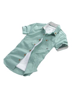 Generic Men Solid Colour Turndown Collar Short Sleeve Button Embroidered Slim Fit Shirt Green  - Image 2